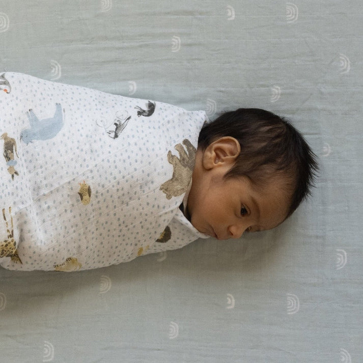 Little Unicorn Cotton Muslin Crib Sheet (Blue Rainbow)