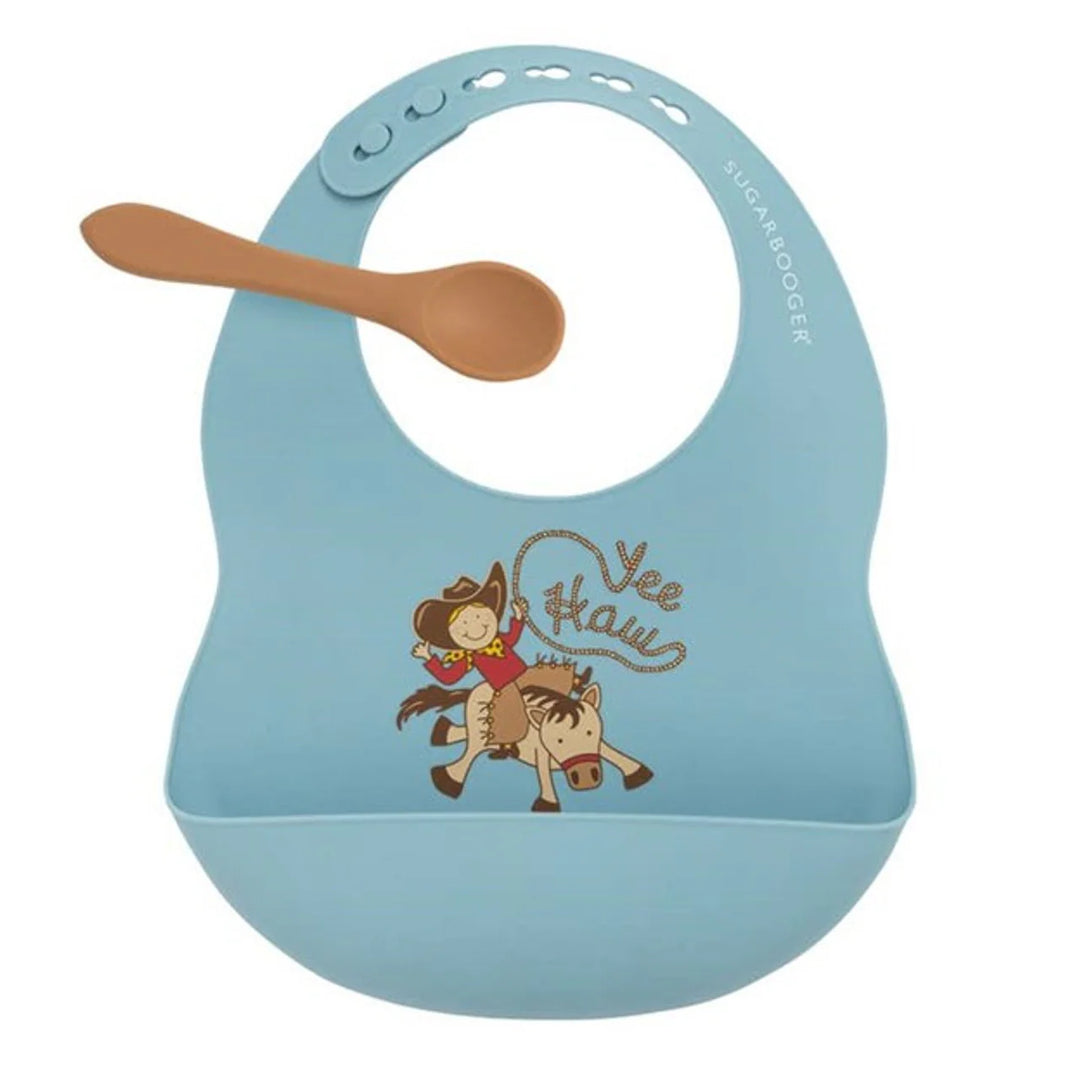 SugarBooger Fresh & Messy Silicone Bib & Spoon Set (Yee Haw)