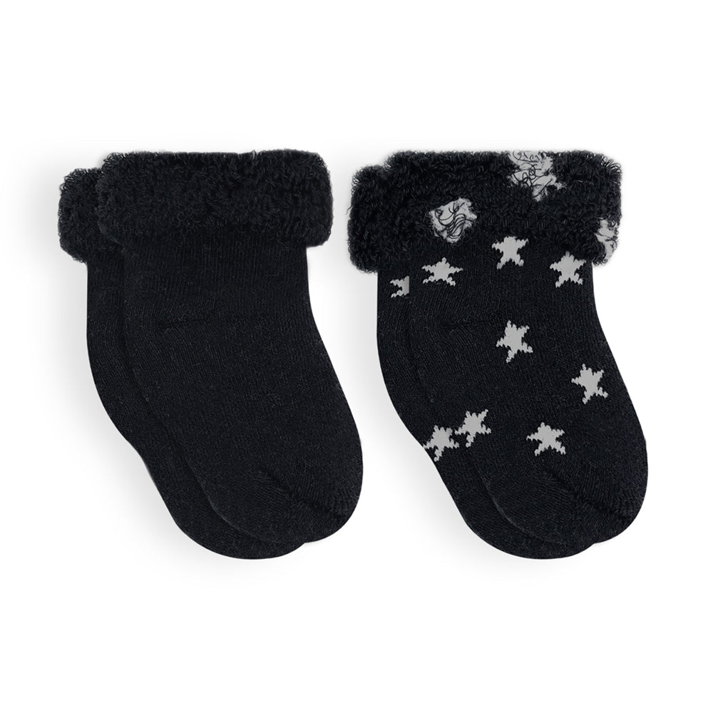 Kushies Terry Baby Socks 2-Pack (Black Solid/Stars)-Apparel-Kushies--babyandme.ca
