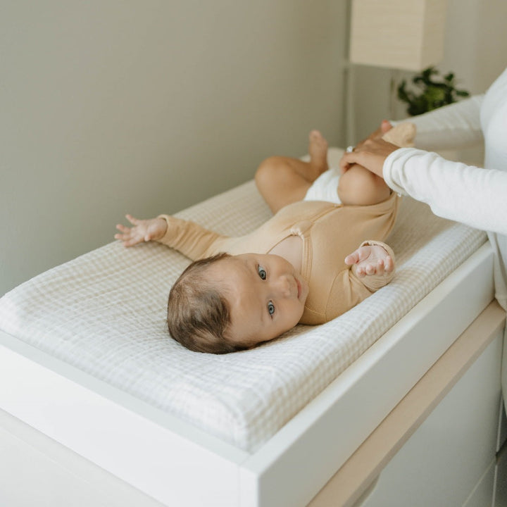 Little Unicorn Cotton Muslin Changing Pad Cover (Tan Gingham)-Bath-Little Unicorn-025666 TG-babyandme.ca