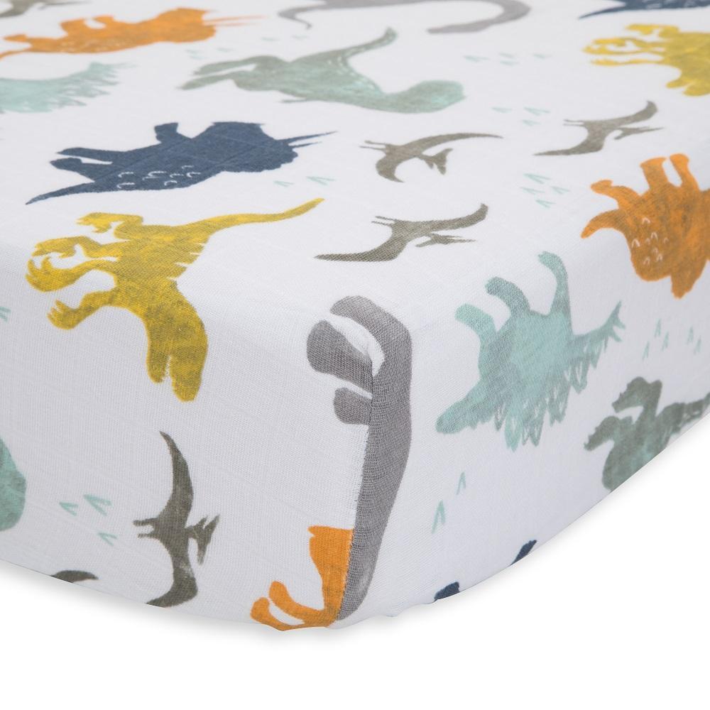 Little Unicorn Cotton Muslin Crib Sheet (Dino Friends)-Nursery-Little Unicorn-026111 DF-babyandme.ca