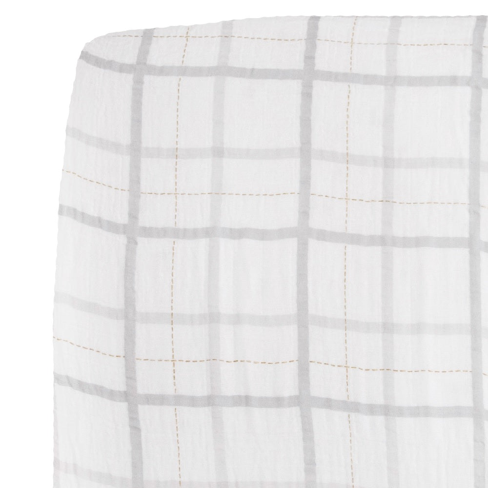Little Unicorn Cotton Muslin Crib Sheet (Grey Plaid)-Nursery-Little Unicorn-026111 GP-babyandme.ca