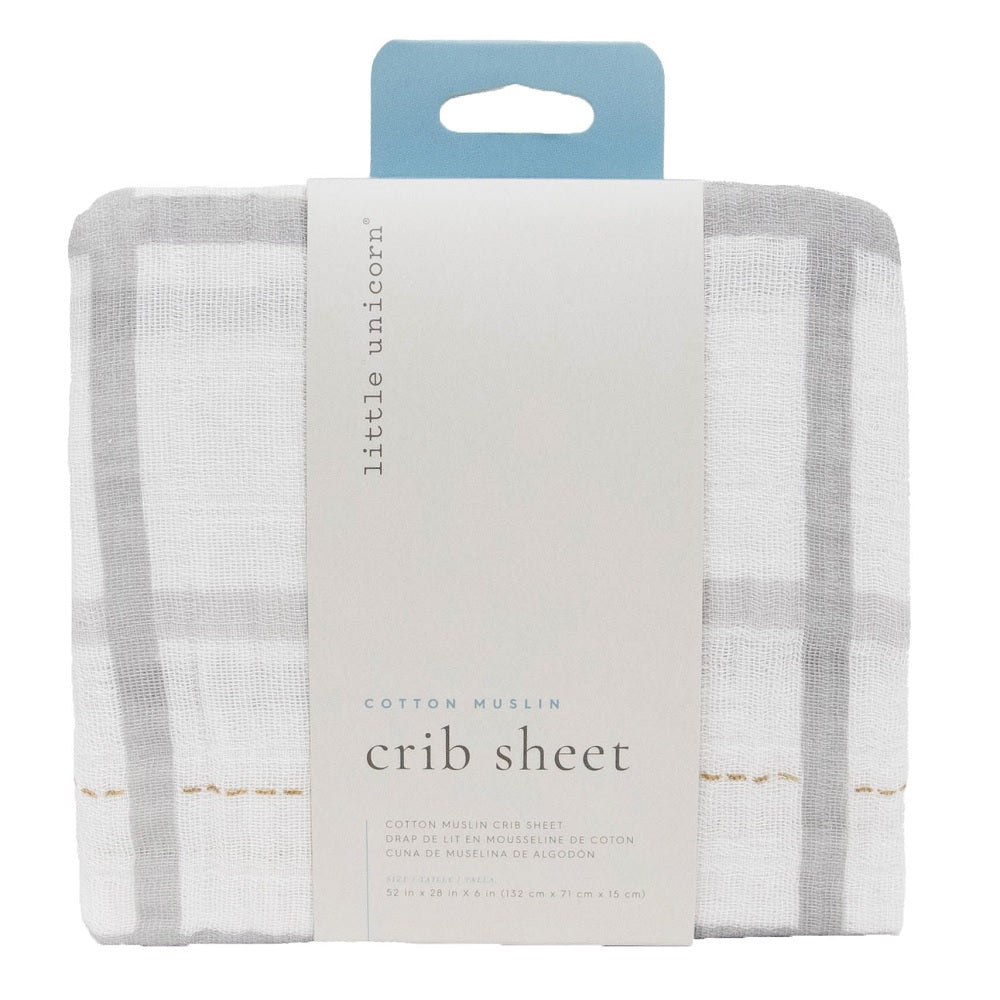 Little Unicorn Cotton Muslin Crib Sheet (Grey Plaid)-Nursery-Little Unicorn-026111 GP-babyandme.ca