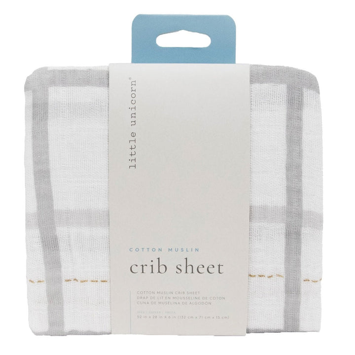 Little Unicorn Cotton Muslin Crib Sheet (Grey Plaid)-Nursery-Little Unicorn-026111 GP-babyandme.ca