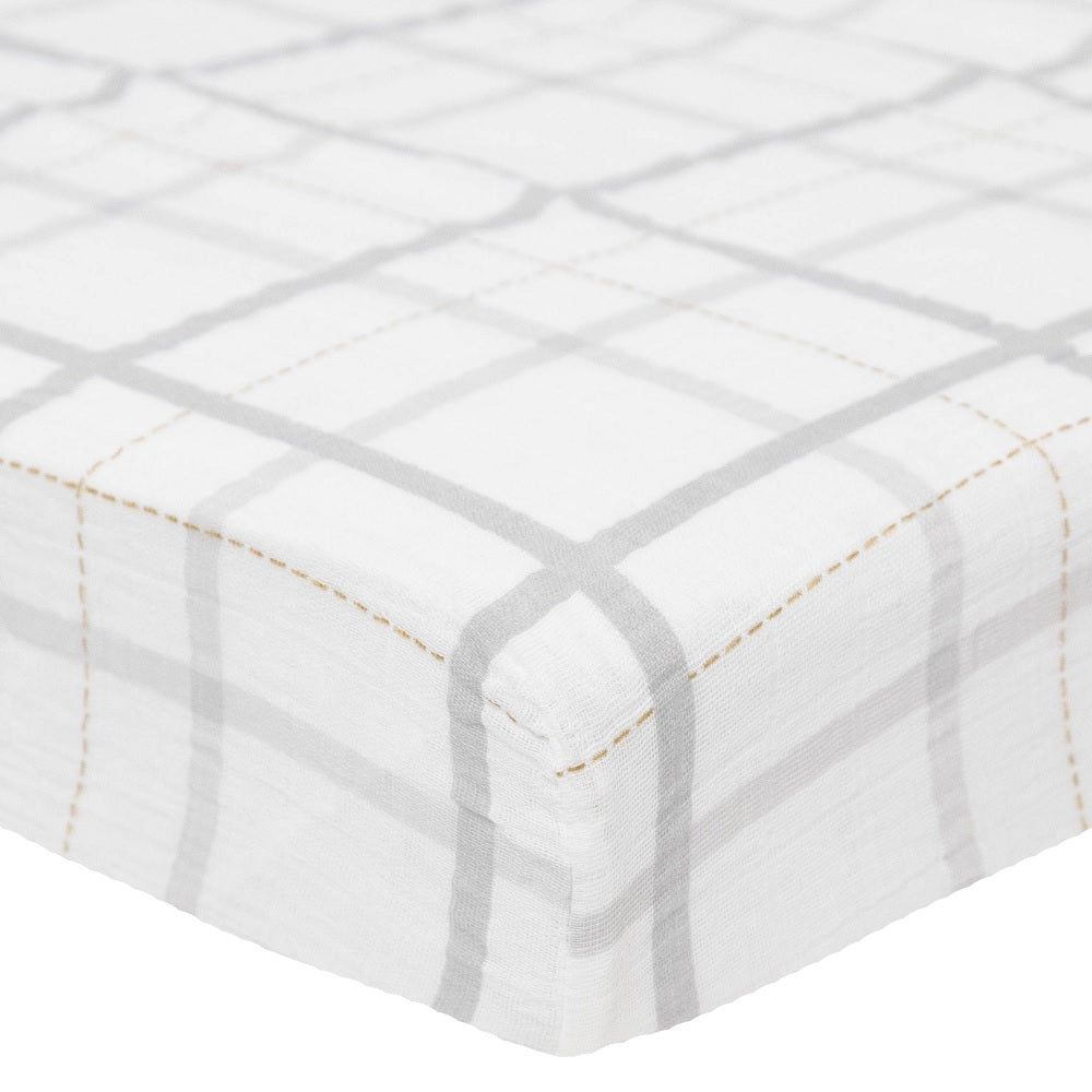 Little Unicorn Cotton Muslin Crib Sheet (Grey Plaid)-Nursery-Little Unicorn-026111 GP-babyandme.ca