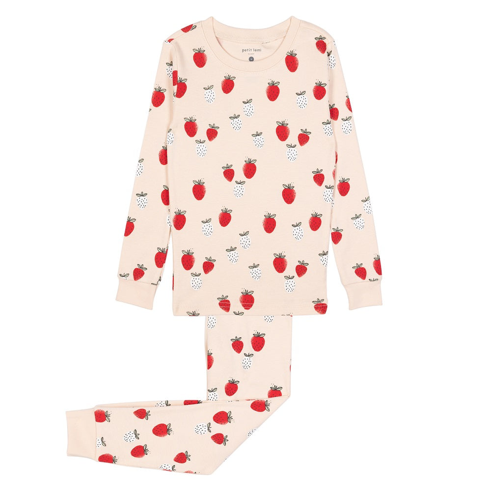 Petit Lem 11436 Long Sleeve Pajama Set (Peach Strawberries)-Apparel-Petit Lem--babyandme.ca