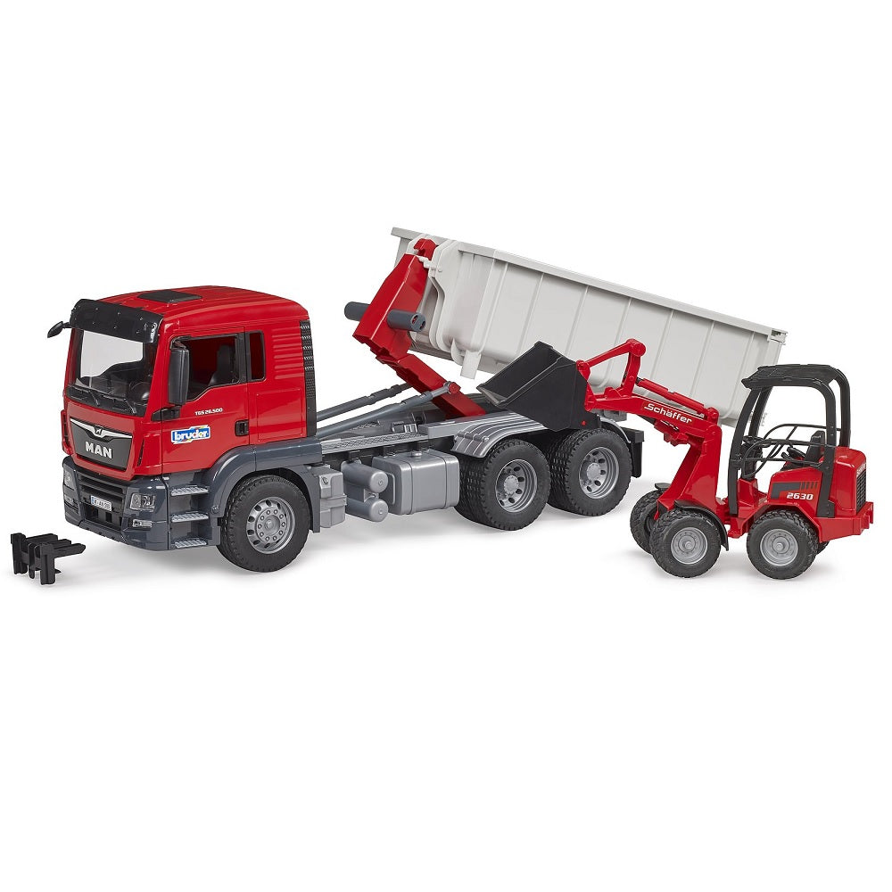 Bruder MAN TGS Truck with Roll-Off Container and Schäffer Yard Loader-Toys & Learning-Bruder-031955-babyandme.ca