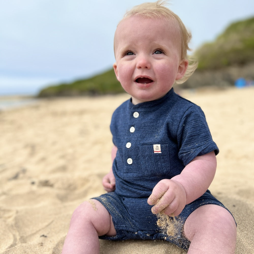 Me & Henry Camborne Henley Romper (Navy Ribbed)-Apparel-Me & Henry--babyandme.ca