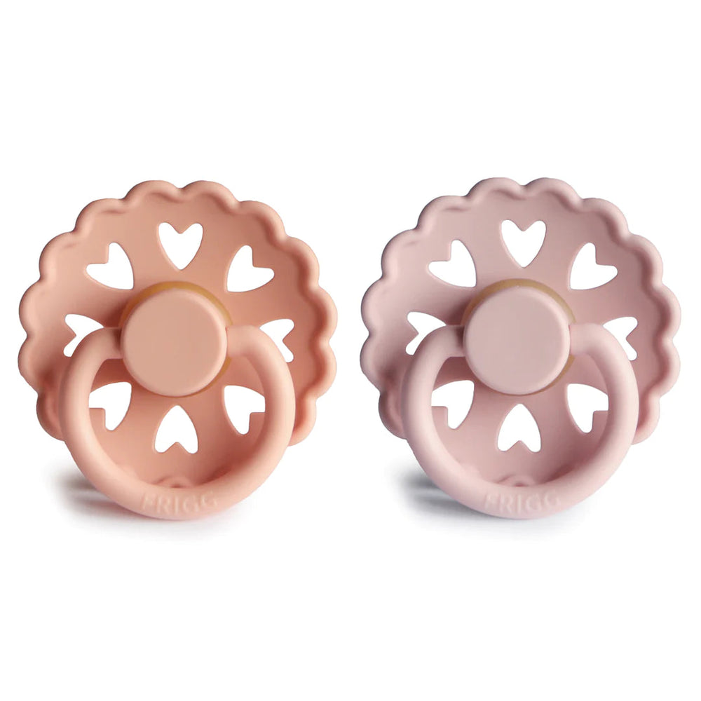 Mushie FRIGG Andersen Natural Rubber Pacifier 2-Pack (Pretty in Peach/Primrose)-Health-Mushie--babyandme.ca