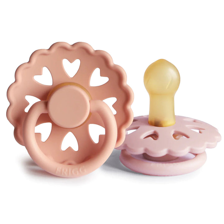 Mushie FRIGG Andersen Natural Rubber Pacifier 2-Pack (Pretty in Peach/Primrose)-Health-Mushie--babyandme.ca