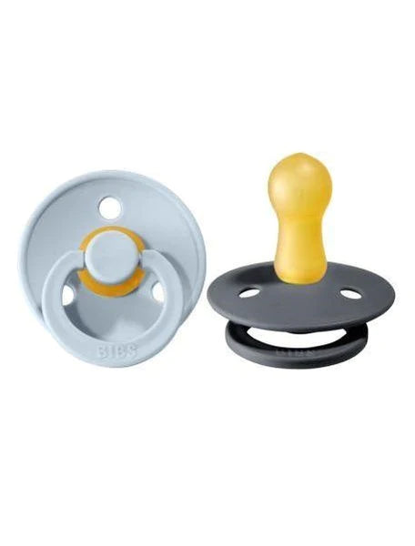 BIBS Colour Round Latex Pacifier 2-Pack (Baby Blue/Iron)
