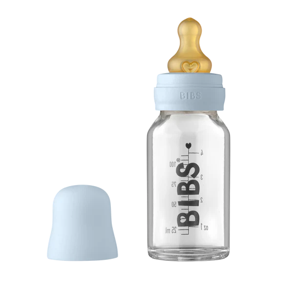 BIBS Baby Glass Bottle Complete Set Latex 110ml (Baby Blue)