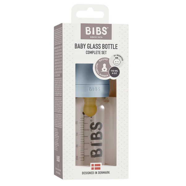 BIBS Baby Glass Bottle Complete Set Latex 110ml (Baby Blue)