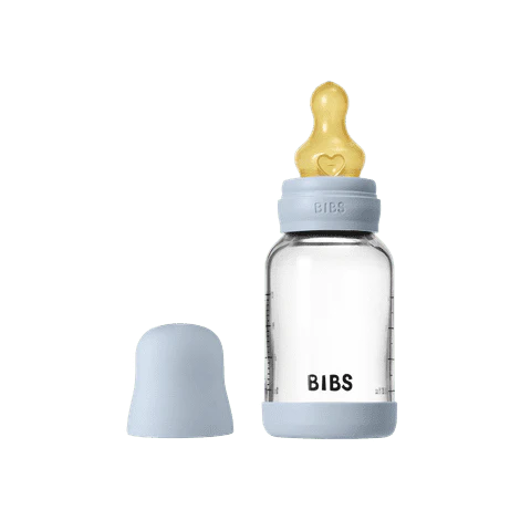 BIBS Baby Glass Bottle Round Latex Slow Flow 120ml (Baby Blue)