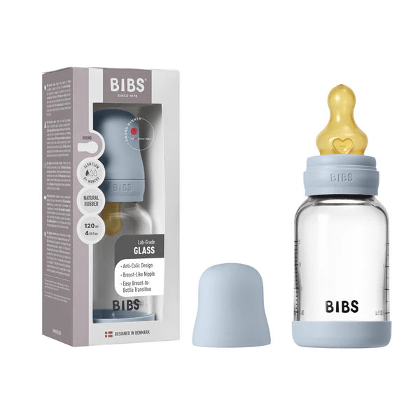 BIBS Baby Glass Bottle Round Latex Slow Flow 120ml (Baby Blue)