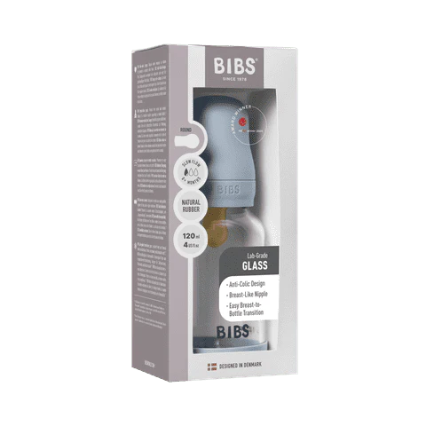 BIBS Baby Glass Bottle Round Latex Slow Flow 120ml (Baby Blue)