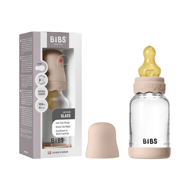 BIBS Baby Glass Bottle Round Latex Slow Flow 120ml (Boheme Blush)