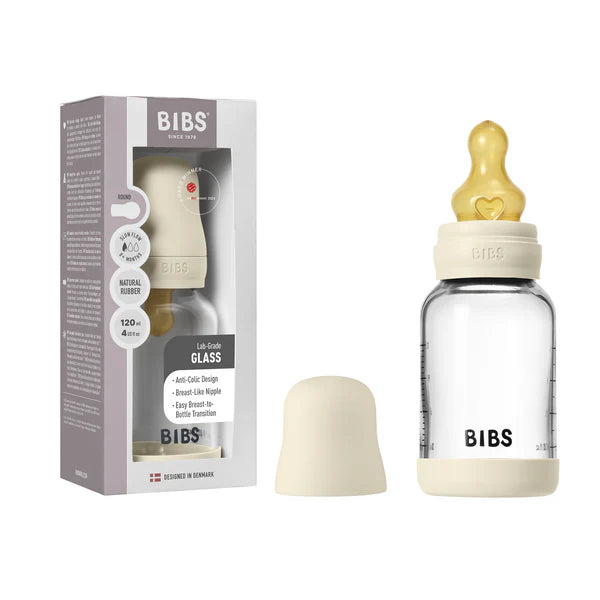 BIBS Baby Glass Bottle Round Latex Slow Flow 120ml (Ivory)