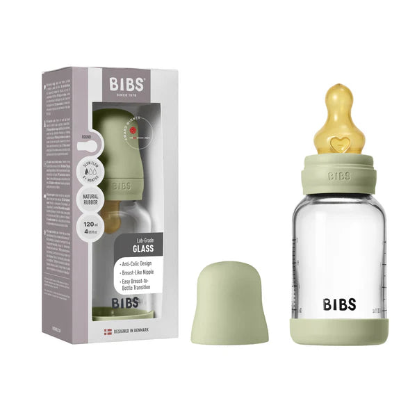 BIBS Baby Glass Bottle Round Latex Slow Flow 120ml (Sage)