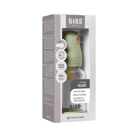 BIBS Baby Glass Bottle Round Latex Slow Flow 120ml (Sage)