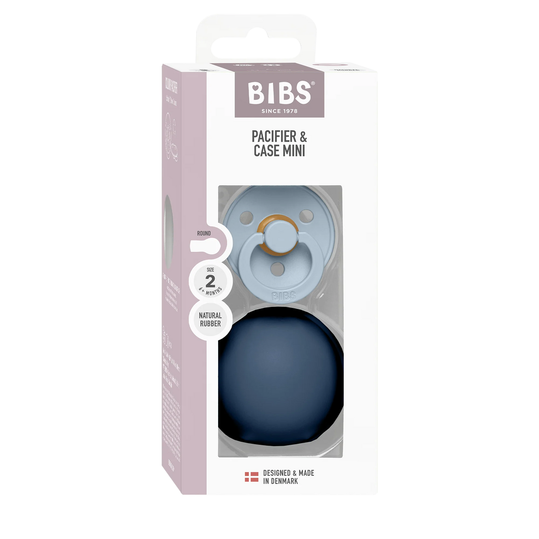 BIBS Colour Pacifier Round Latex &amp; Pacifier Case Mini (Baby Blue/Steel Blue)