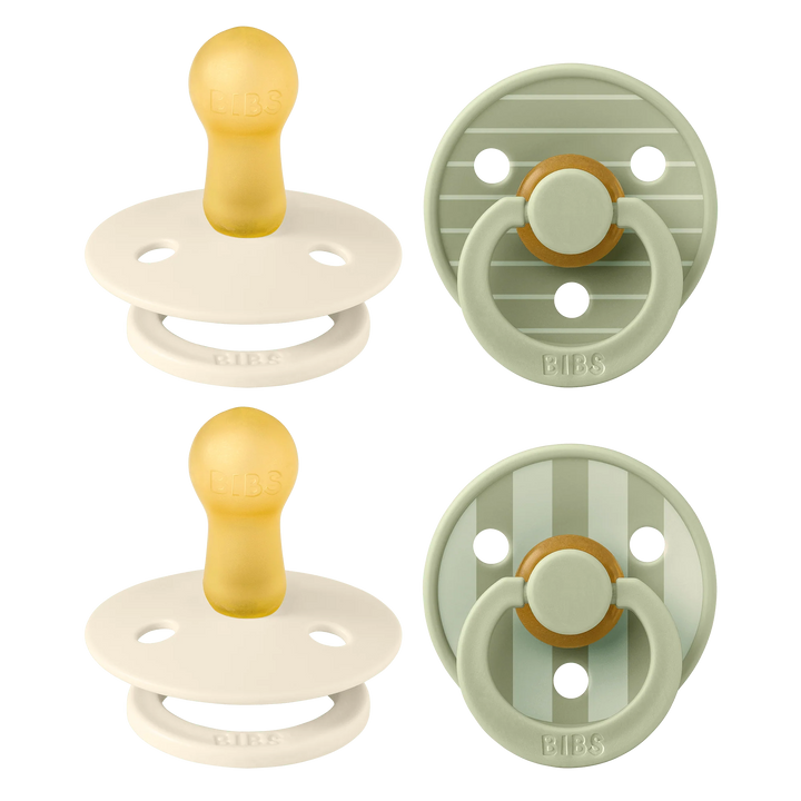 BIBS Colour Round Latex Pacifier 4-Pack (Ivory/Vanilla/Pinstripe Sage)