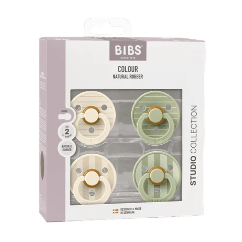 BIBS Colour Round Latex Pacifier 4-Pack (Ivory/Vanilla/Pinstripe Sage)