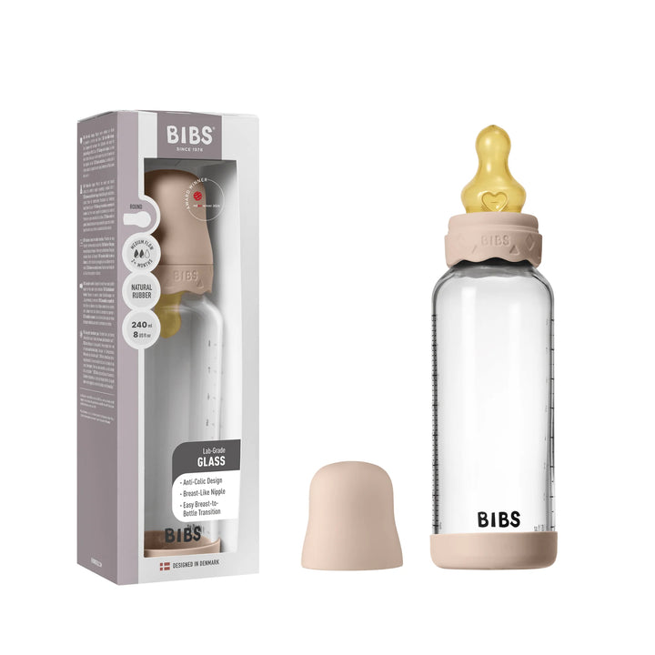 BIBS Glass Baby Bottle Round Latex Medium Flow 240ml (Boheme Blush)