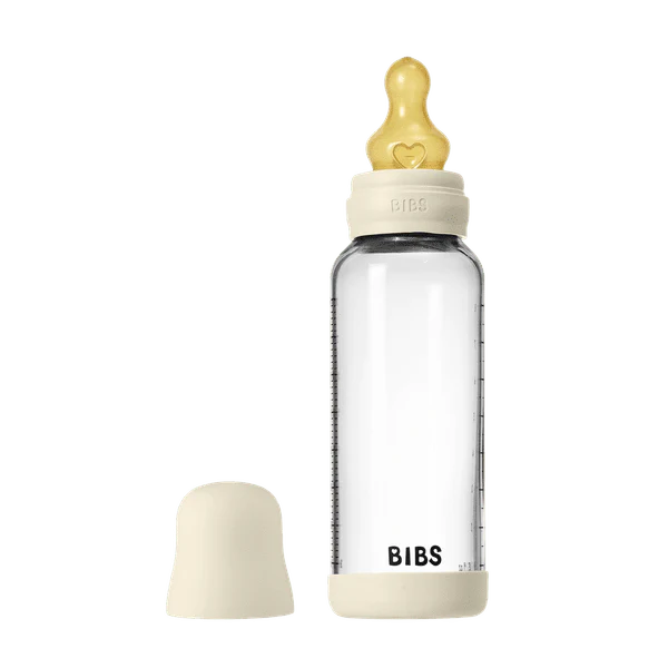 BIBS Glass Baby Bottle Round Latex Medium Flow 240ml (Ivory)