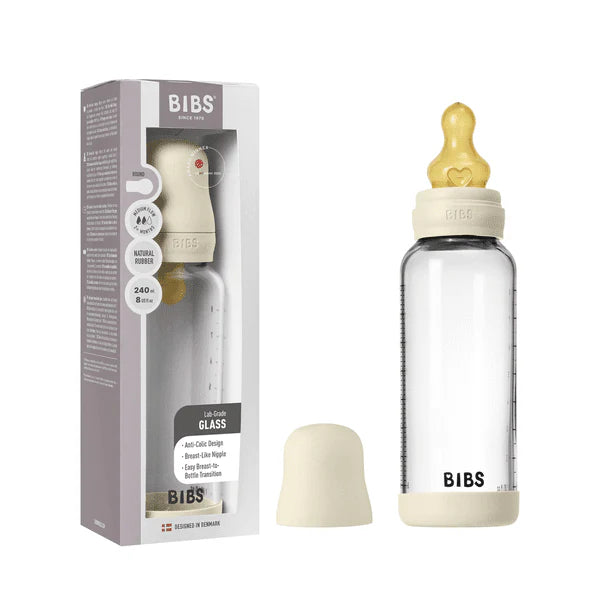 BIBS Glass Baby Bottle Round Latex Medium Flow 240ml (Ivory)