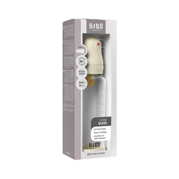 BIBS Glass Baby Bottle Round Latex Medium Flow 240ml (Ivory)
