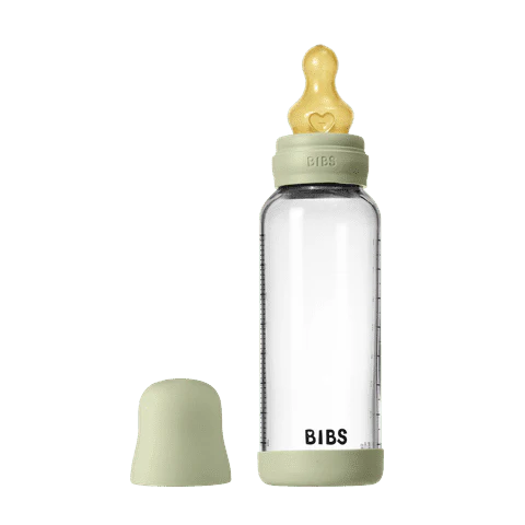 BIBS Glass Baby Bottle Round Latex Medium Flow 240ml (Sage)