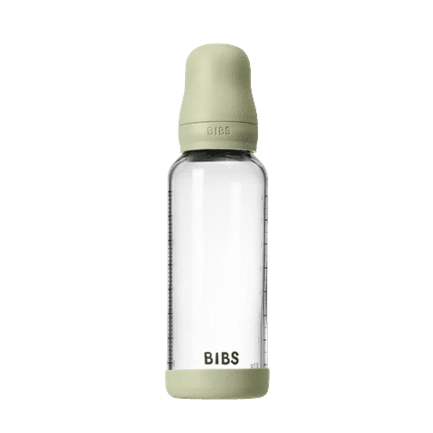 BIBS Glass Baby Bottle Round Latex Medium Flow 240ml (Sage)