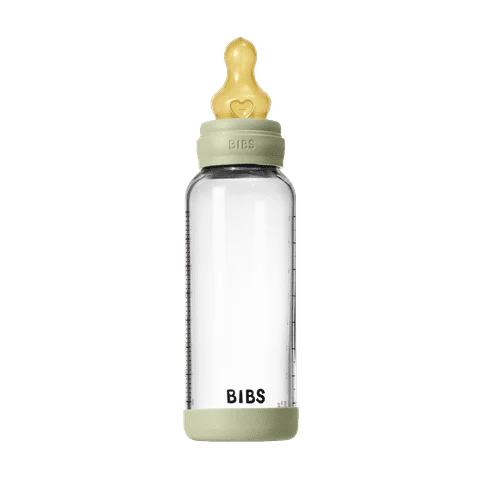 BIBS Glass Baby Bottle Round Latex Medium Flow 240ml (Sage)