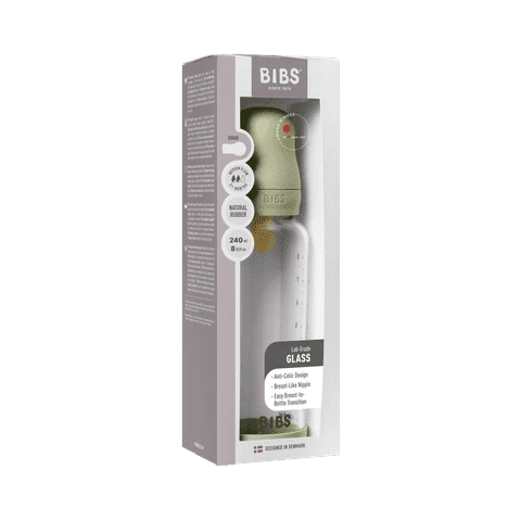 BIBS Glass Baby Bottle Round Latex Medium Flow 240ml (Sage)