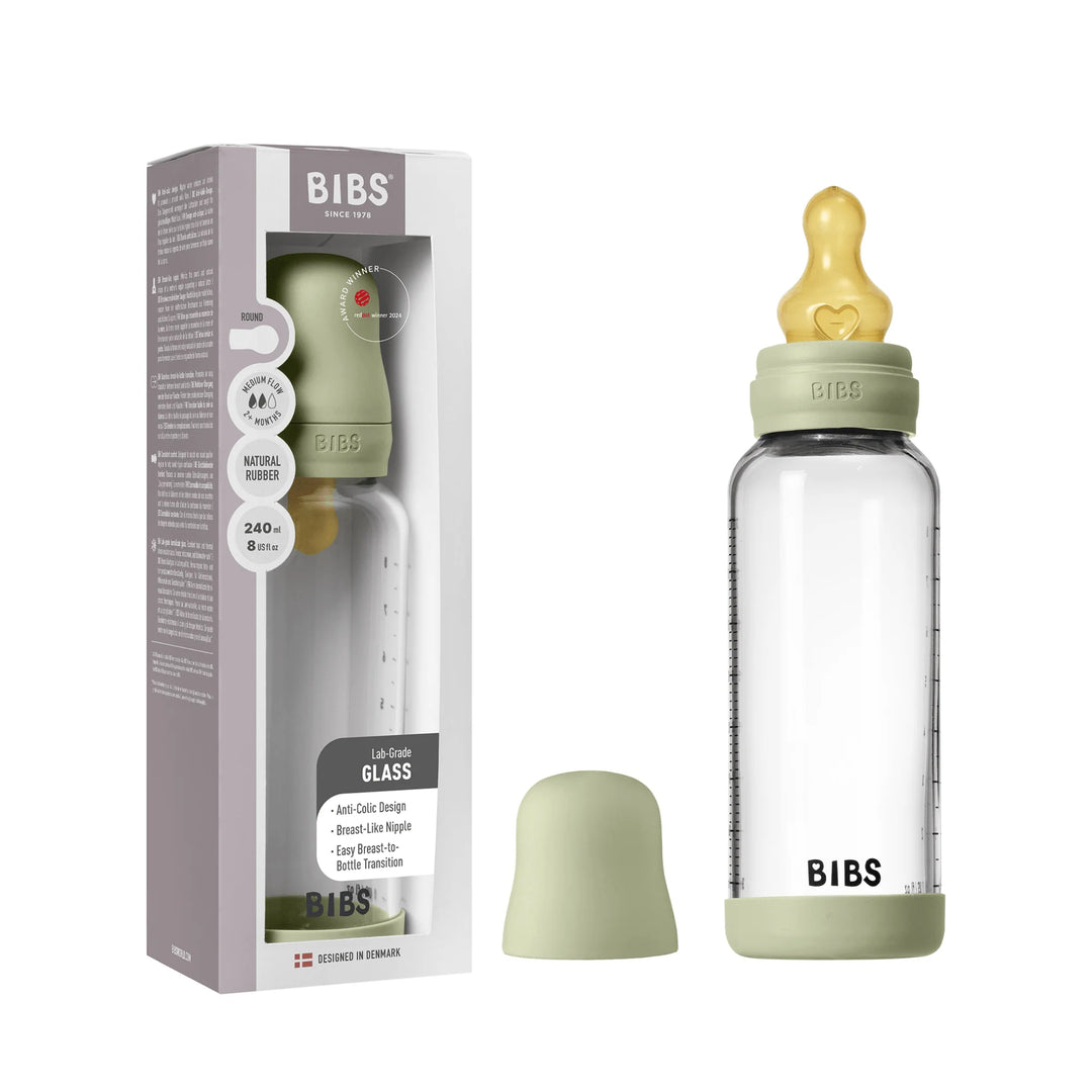 BIBS Glass Baby Bottle Round Latex Medium Flow 240ml (Sage)