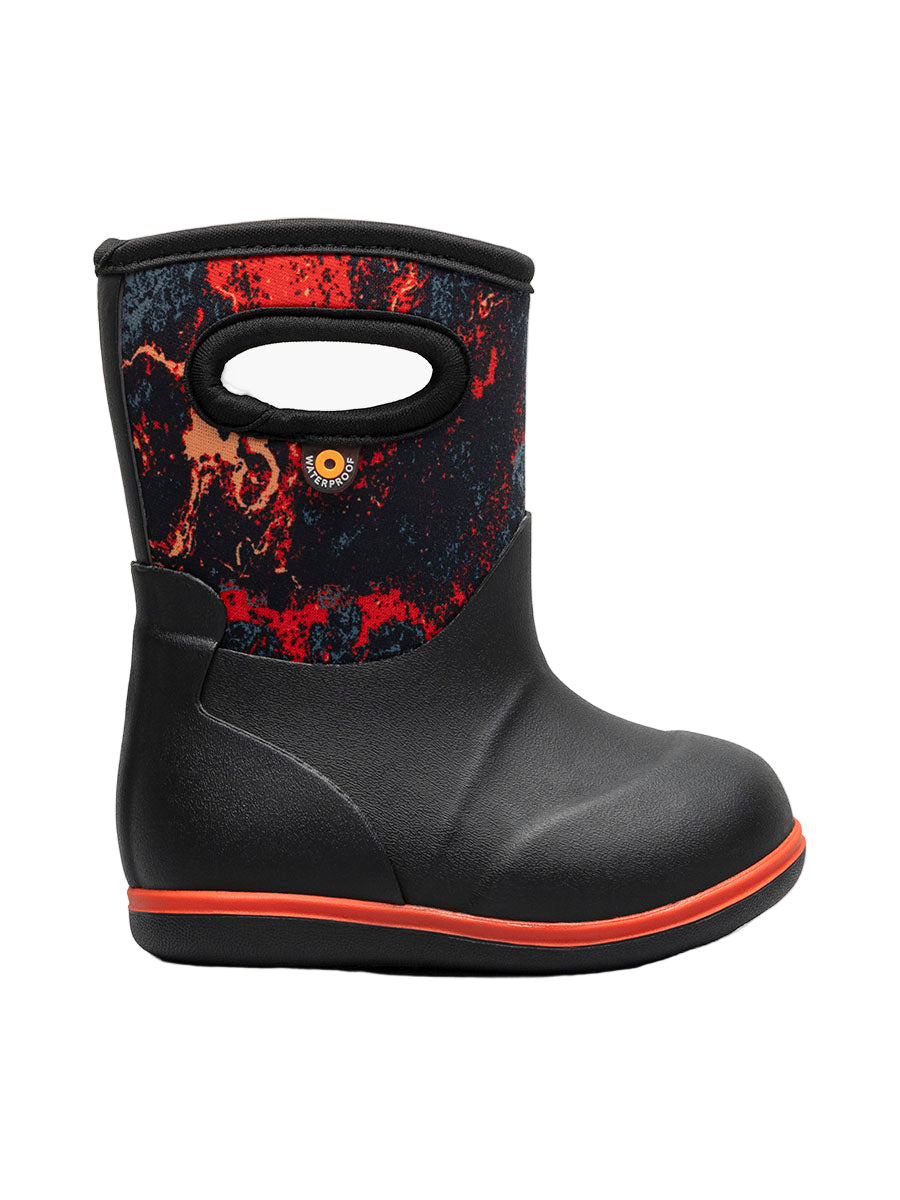 Black rain boot with red and orange pattern on a white background