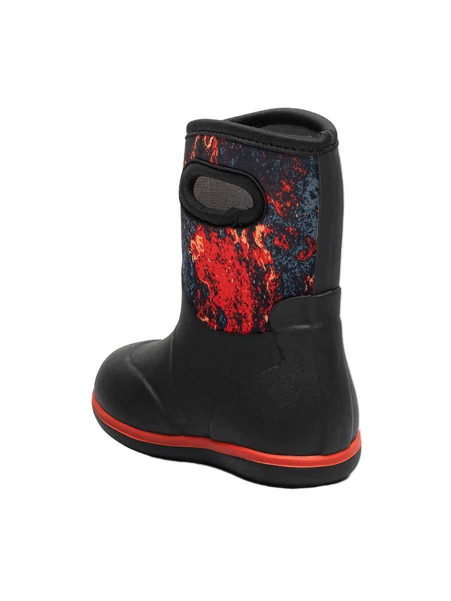 Black rubber boot with colorful pattern on a white background