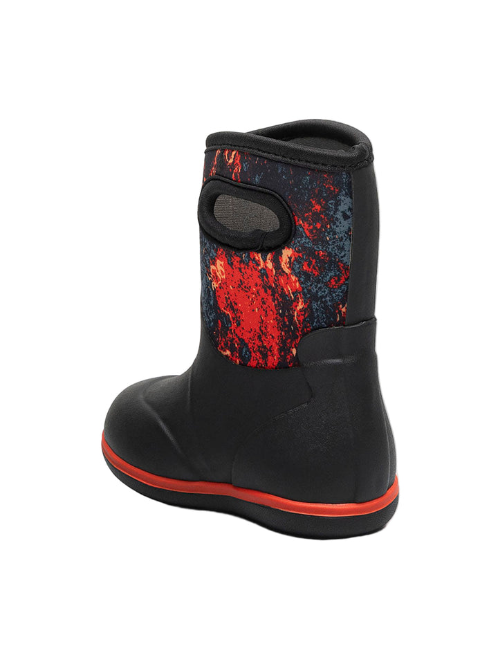 Black rubber boot with colorful pattern on a white background