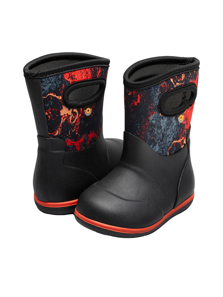 Black boots with colorful patterned sides on a white background