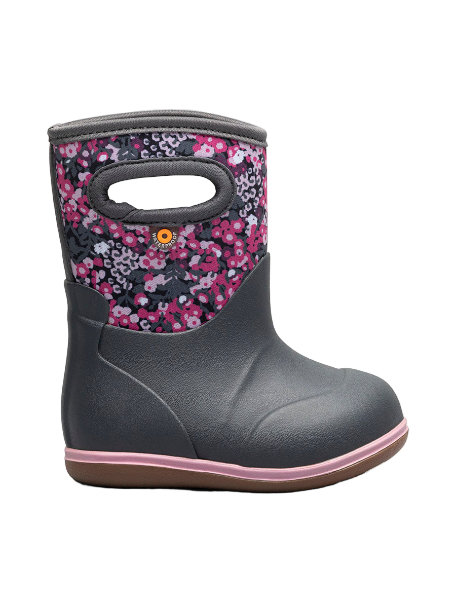 Gray rain boot with floral patterned pull tab on a white background