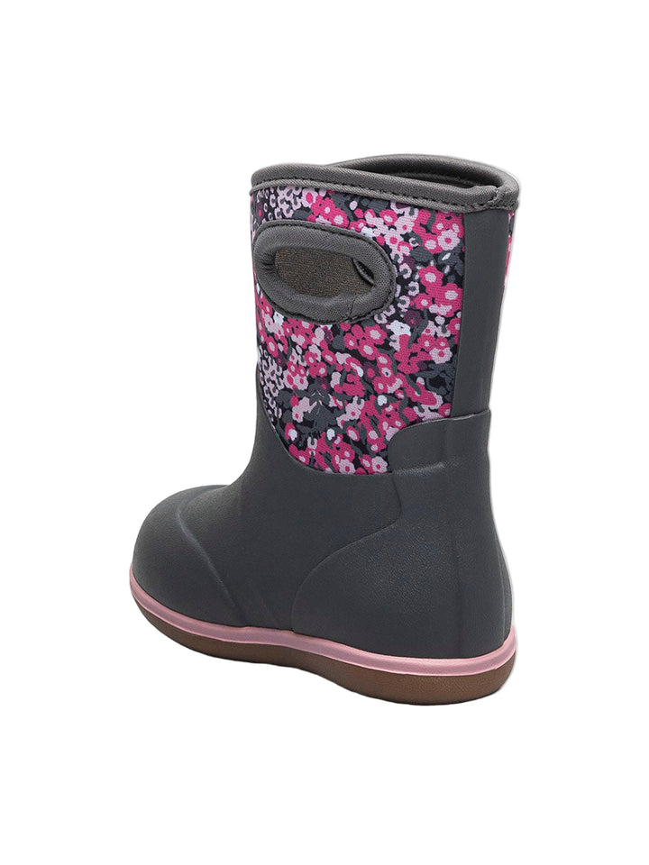 Gray rain boot with pink floral pattern on a white background
