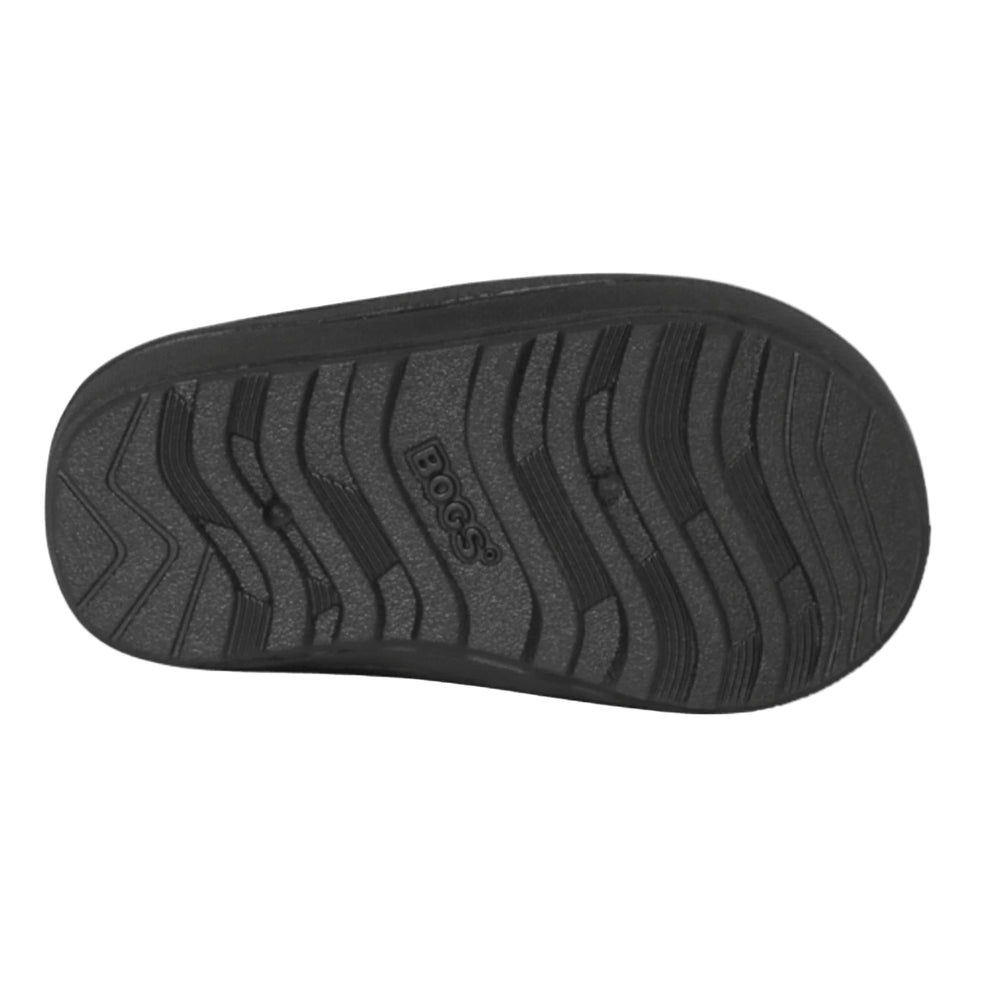 Black sandal sole with 'BOGS' branding on a white background