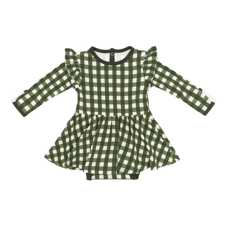 Kyte Baby Long Sleeve Twirl Bodysuit Dress (Gingham Fir)