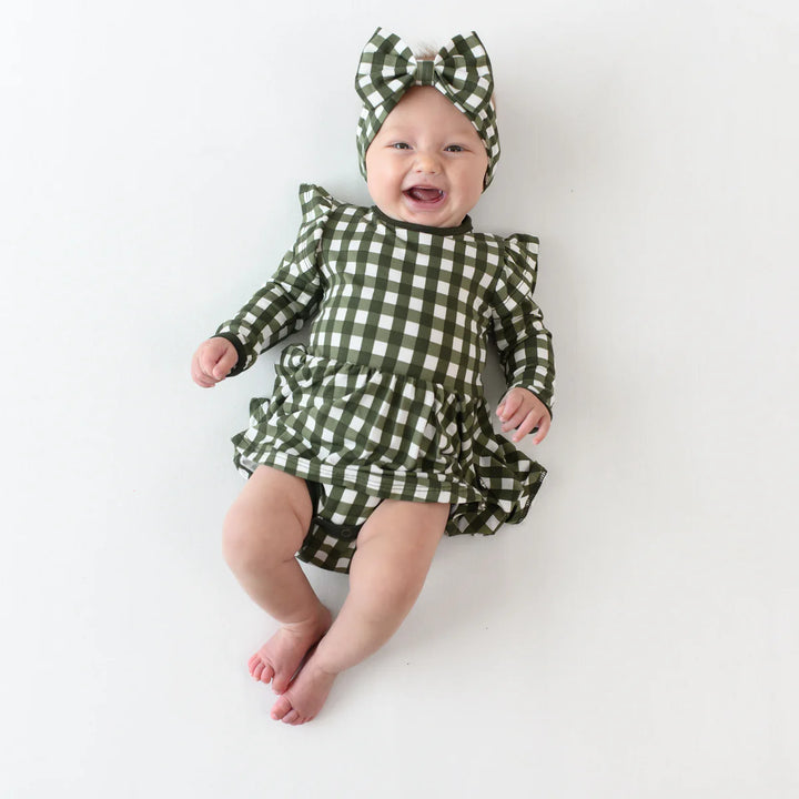 Kyte Baby Long Sleeve Twirl Bodysuit Dress (Gingham Fir)