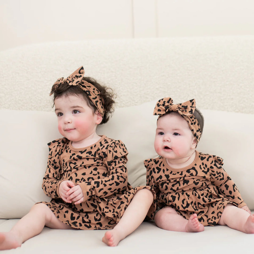 Kyte Baby Long Sleeve Twirl Bodysuit Dress (Latte Leopard)