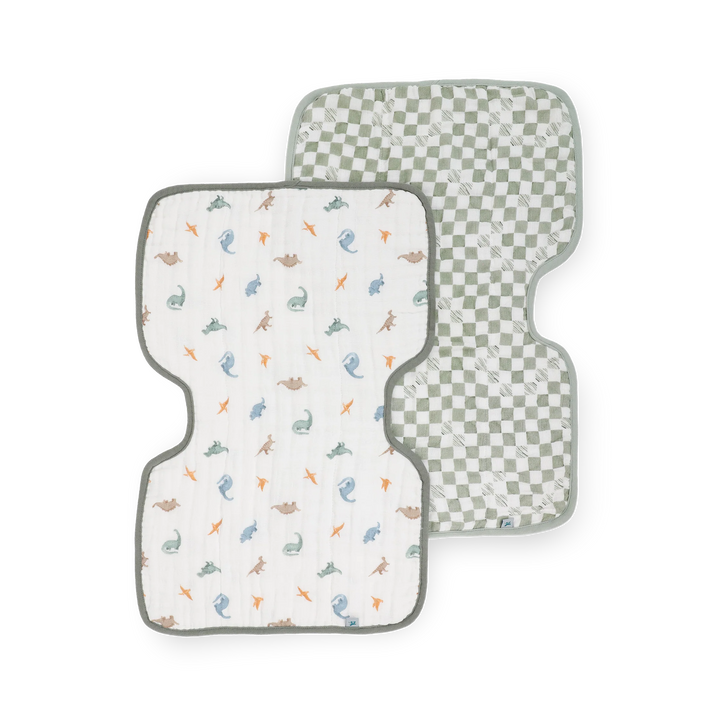 Little Unicorn Organic Cotton Muslin Burp Cloth 2-Pack (Little Dino/Green Checker)
