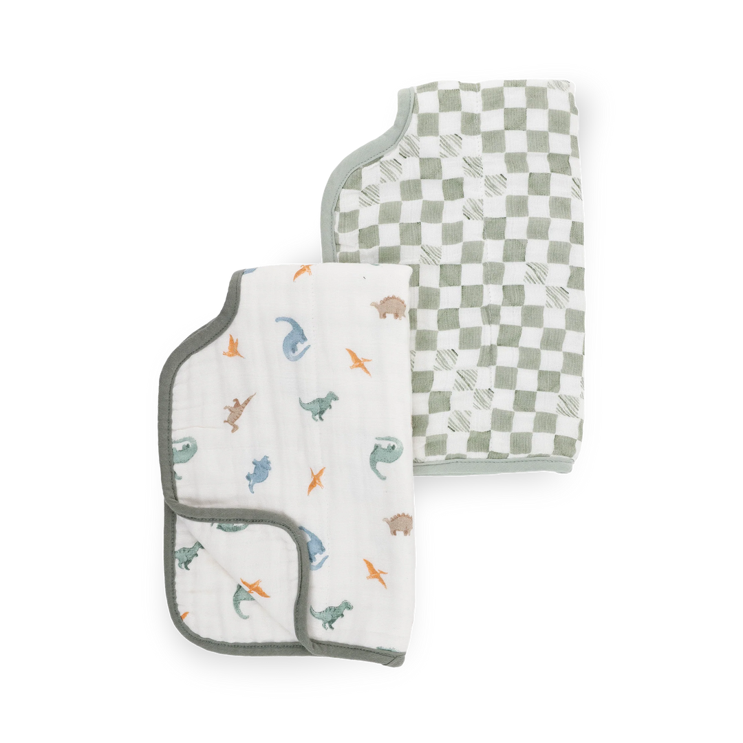 Little Unicorn Organic Cotton Muslin Burp Cloth 2-Pack (Little Dino/Green Checker)