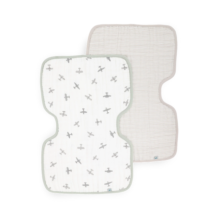 Little Unicorn Organic Cotton Muslin Burp Cloth 2-Pack (Pewter Planes/Sand Stripe)