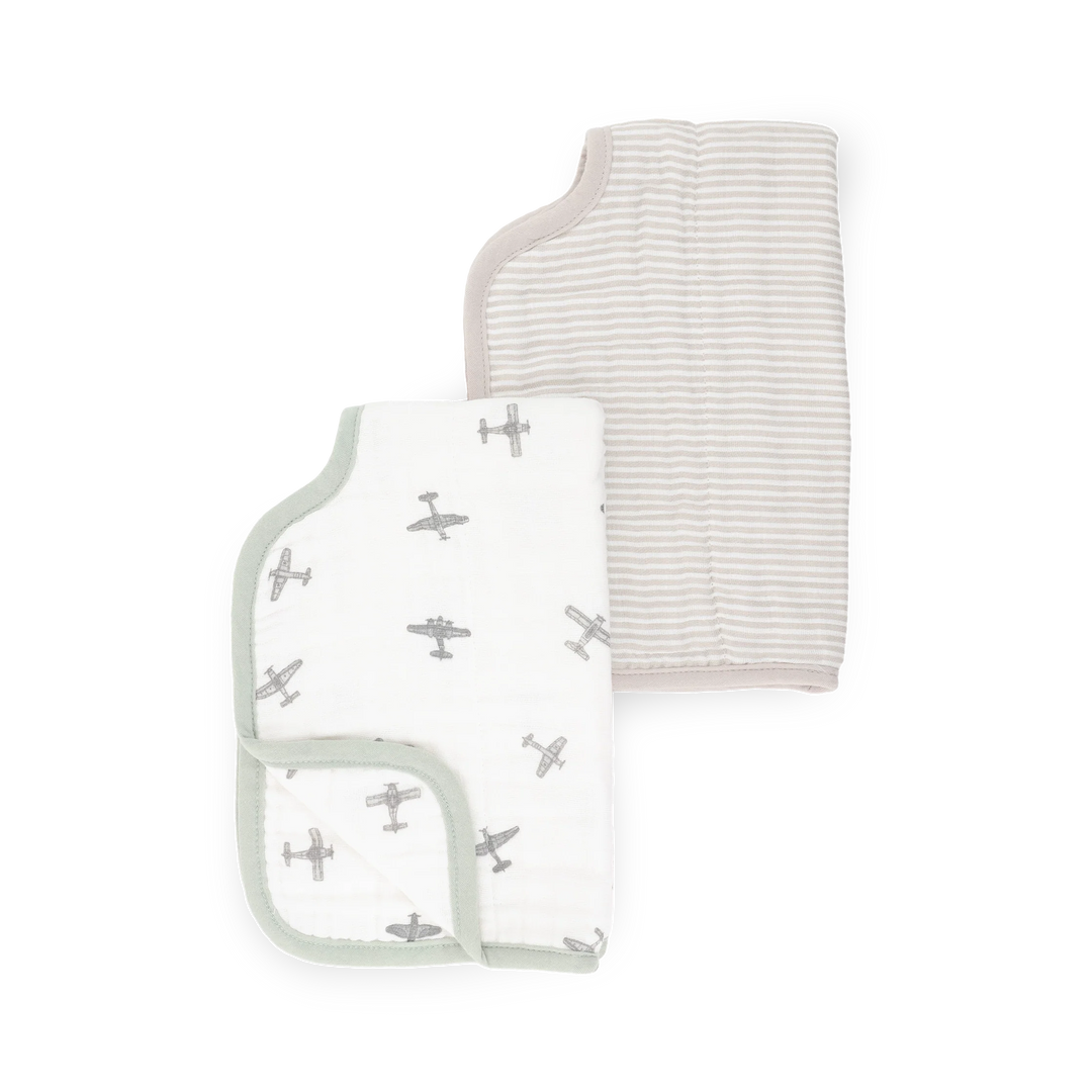 Little Unicorn Organic Cotton Muslin Burp Cloth 2-Pack (Pewter Planes/Sand Stripe)